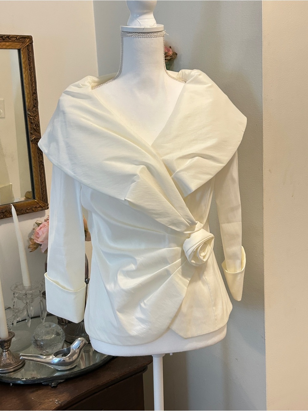 Vintage Jackie Jon Cream Draped Wrap Blouse with Rosette Detail